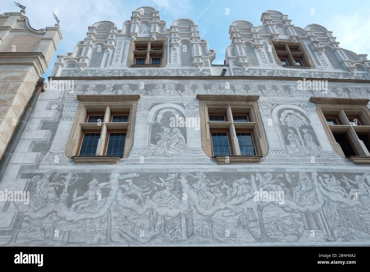 Slavonice, Czech Republic. Buildings decorated by sgraffito, a form of decoration made by scratching through a surface to reveal a lower layer of a contrasting color, typically done in plaster or stucco on walls and facades Stock Photo