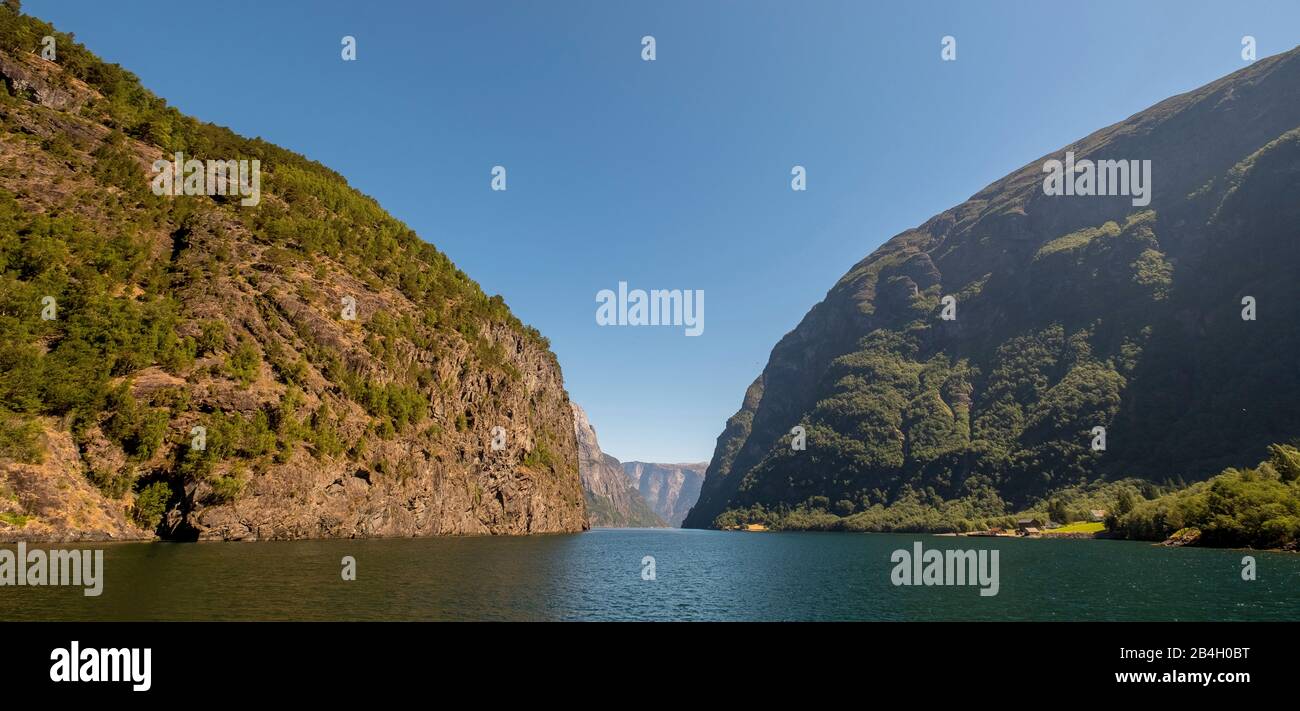 Fjord, Nærøyfjord, rock faces, mountains, blue sky, Styvi, Sogn og Fjordane, Norway, Scandinavia, Europe Stock Photo