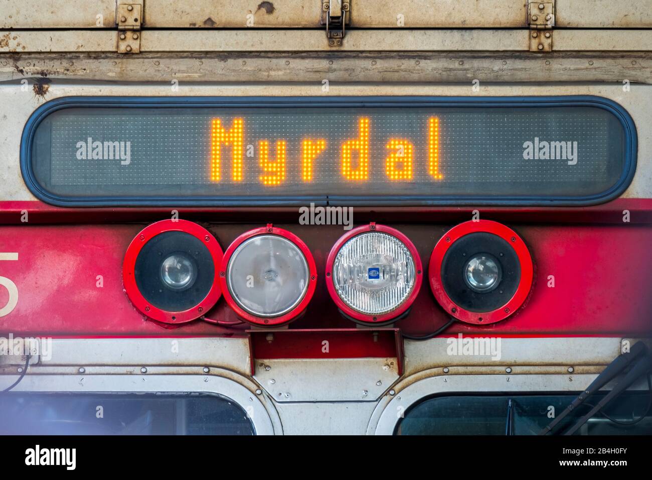 Train in the station of Bergen, inscription Myrdal, headlight, Hordaland, Norway, Scandinavia, Europe Stock Photo