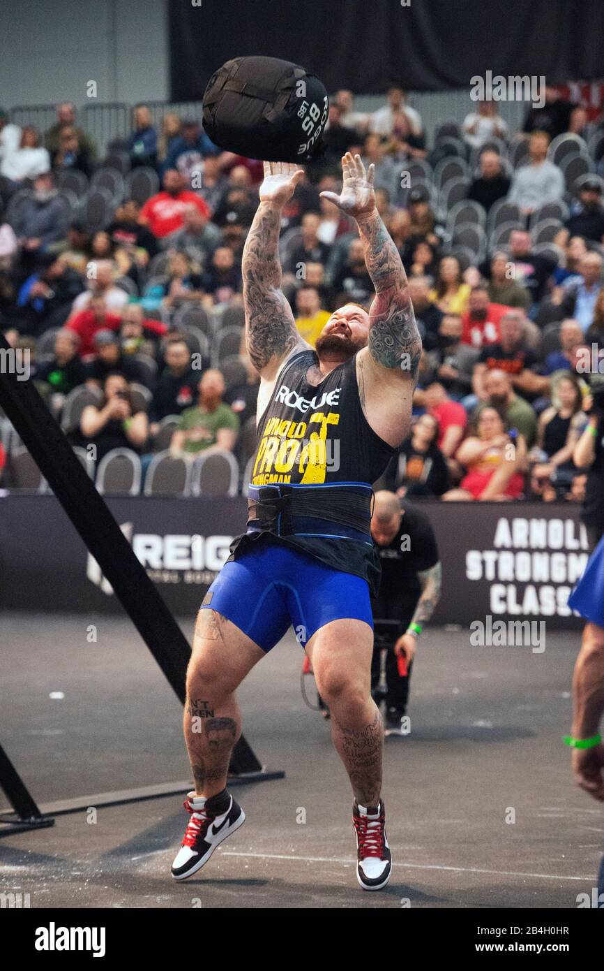 Columbus, Ohio, USA. 6th Mar, 2020. Hafthor Bjorensson competes in the bag toss in the Arnold Strongman Classic at the Arnold Sports Festival in Columbus, Ohio, USA. Columbus, Ohio, USA. Credit: Brent Clark/Alamy Live News Stock Photo