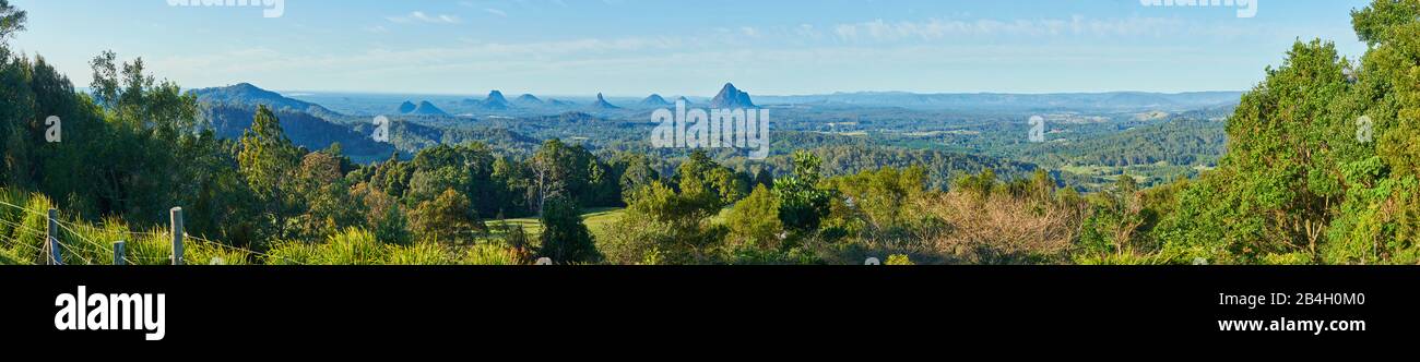 The Glass House Mountains in the morning, from the direction of Mary Cairncross Scenic Reserve, Queensland, Australia Stock Photo