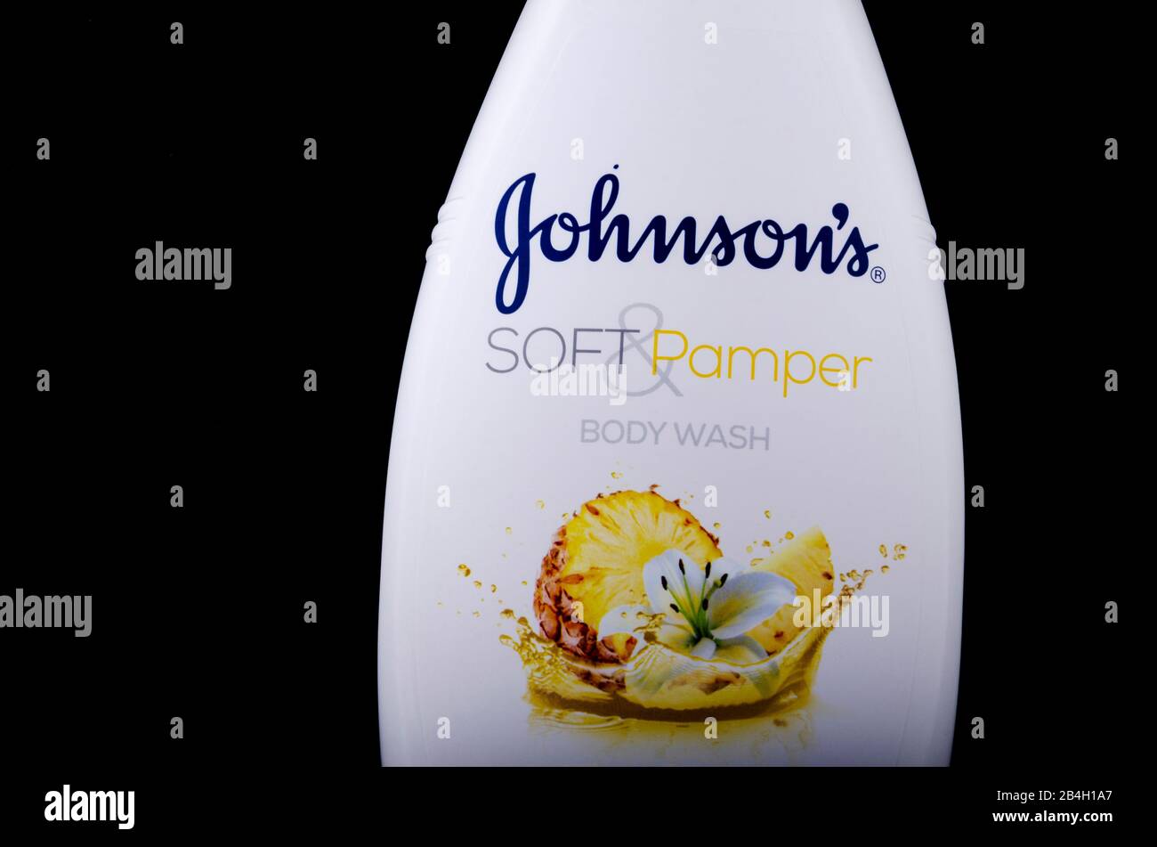 Johnsons body wash isolated on dark background. It is produced by