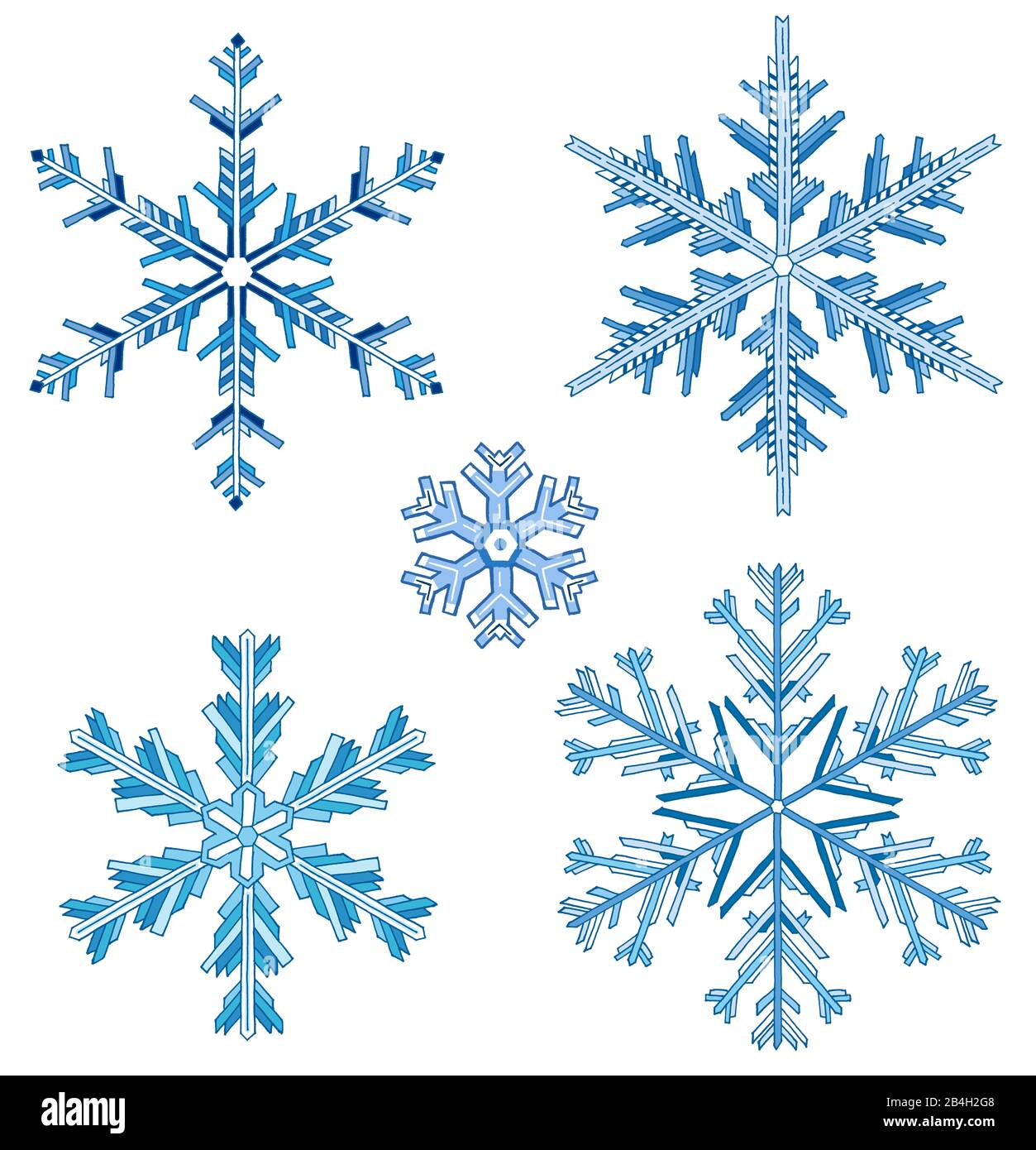 Drawn snowflakes in blue tones against isolated, white background Stock Photo