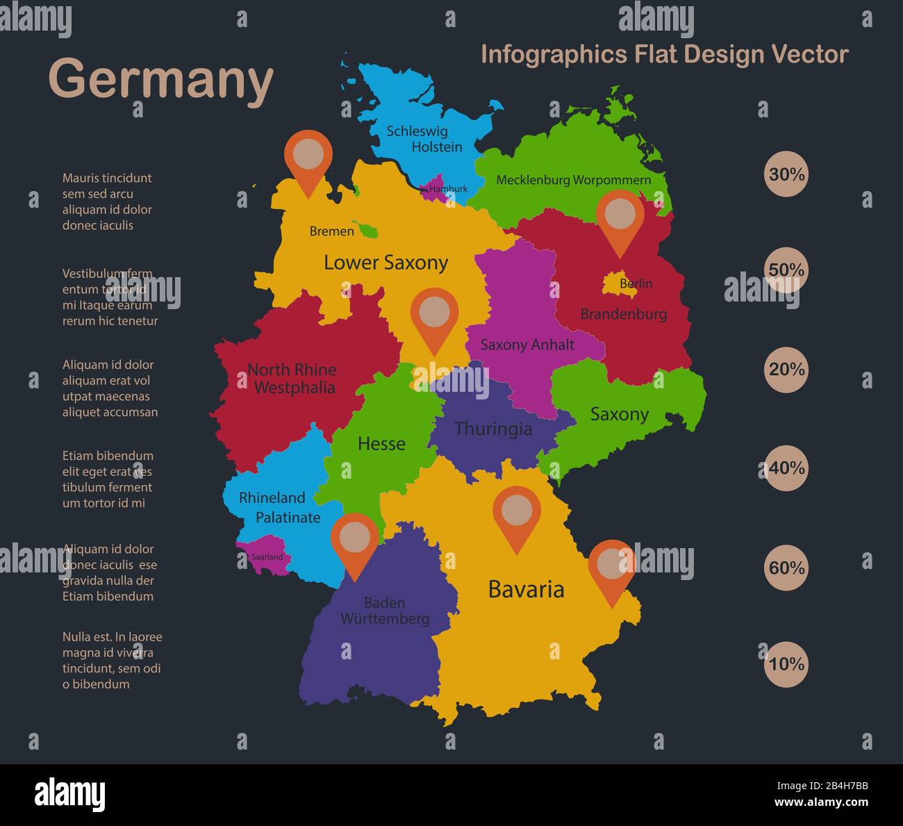 Infographics Germany map, flat design colors, with names of individual states and islands,  blue background with orange points vector Stock Vector