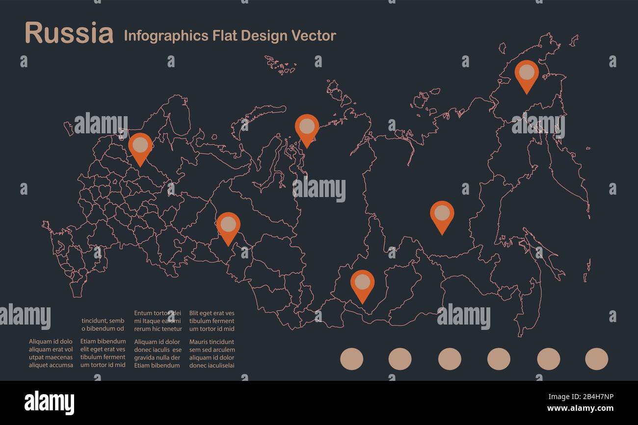 Infographics Russia map outline, flat design, color blue orange vector Stock Vector