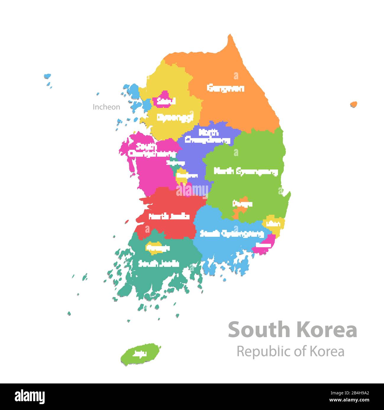 South Korea map, Republic of Korea, administrative division with state names, color map isolated on white background vector Stock Vector