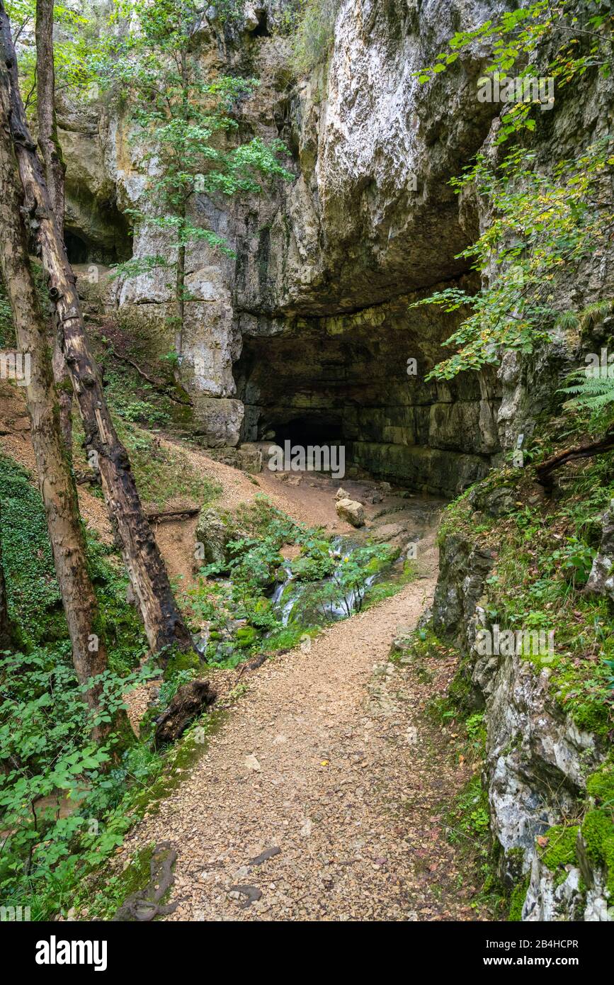 Germany, Baden-Württemberg, Bad Urach, path to the entrance hall of the Falkensteiner cave. It is a so-called 'wild cave', not a show cave, and is only accessible to tourists for a short while. In the novel 'Rulaman' by David Friedrich Weinland she is the Huhkahöhle. Stock Photo