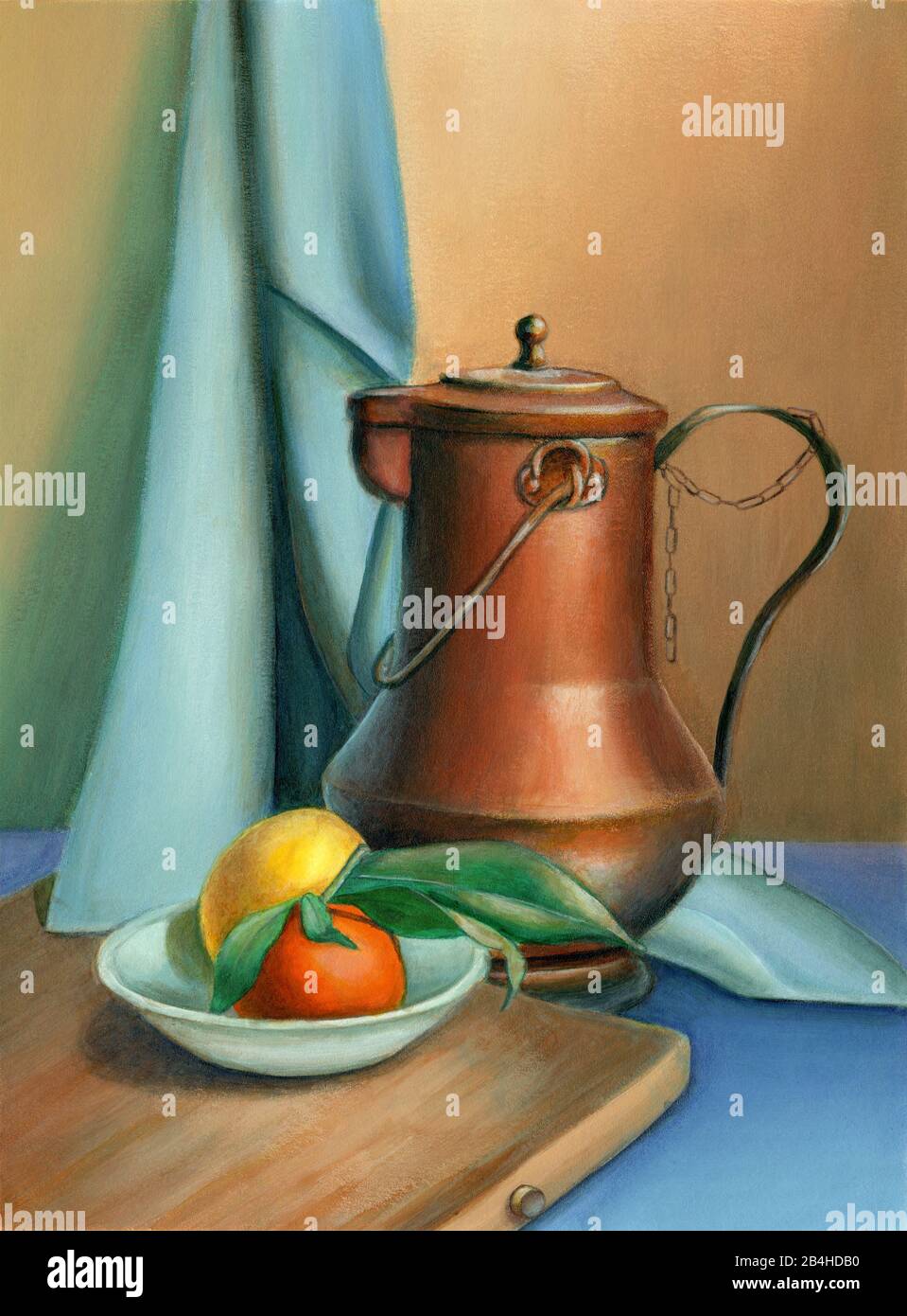 Still life with lemon and tangerine. Original acrylic on paper painting. Stock Photo