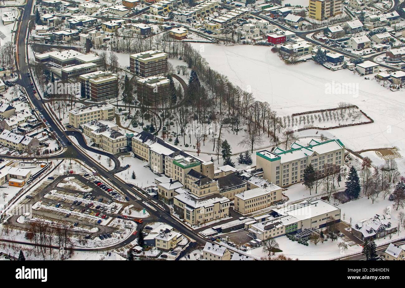 , St. Walburga hospital, St. Walburga-Krankenhaus, in Meschede in Winter, 26.01.2013, aerial view, Germany, North Rhine-Westphalia, Sauerland, Meschede Stock Photo