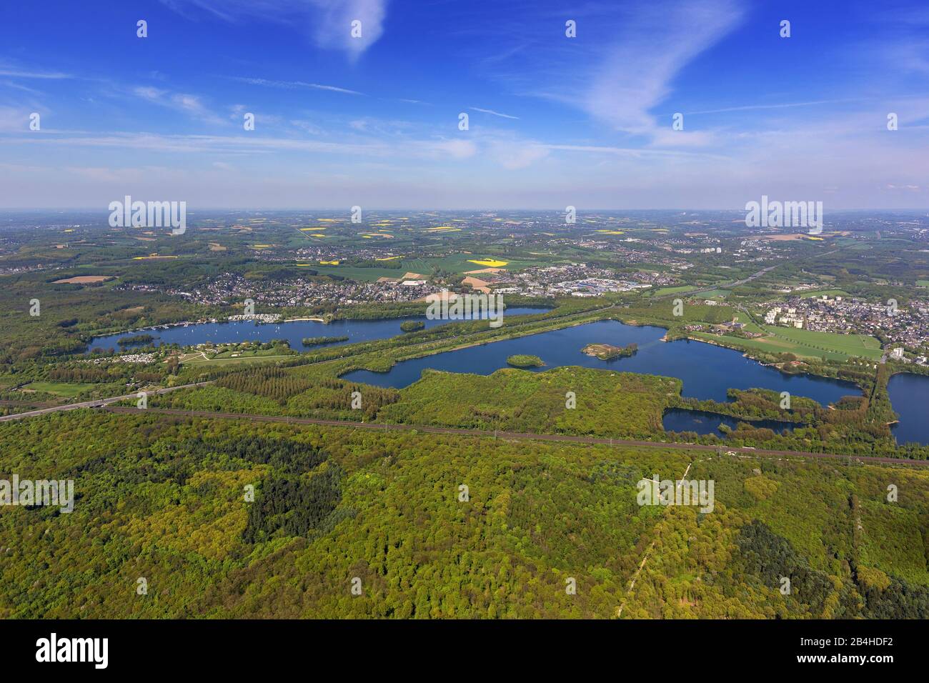 , lake Unterbacher See and lake Elbsee with highway A 46 near Unterbach, 13.05.2013, aerial view, Germany, North Rhine-Westphalia, Lower Rhine, Dusseldorf Stock Photo