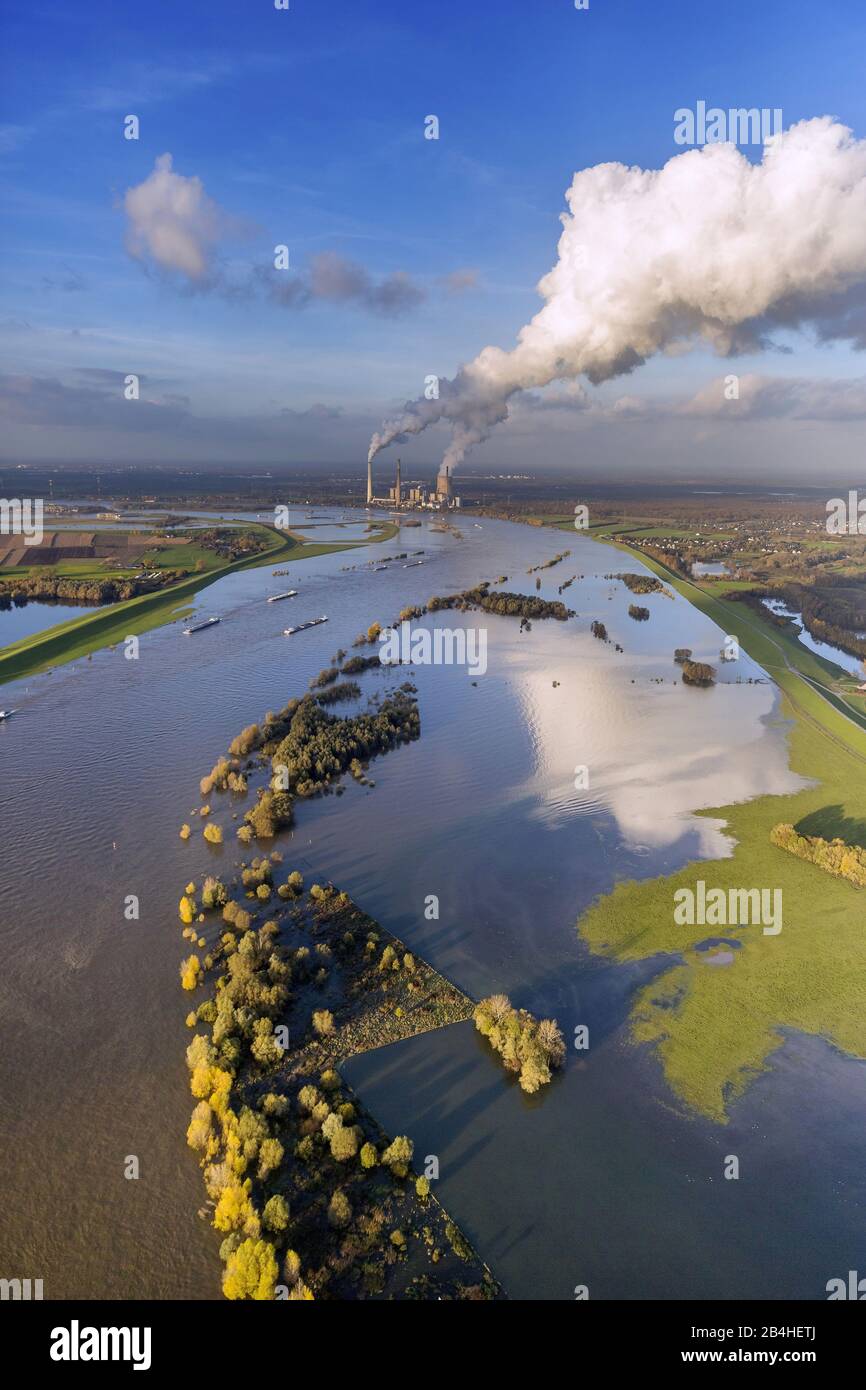 , floodplain Walsum Rhine with the STEAG power plant Voerde in the background, 13.11.2013, aerial view, Germany, North Rhine-Westphalia, Ruhr Area, Du Stock Photo