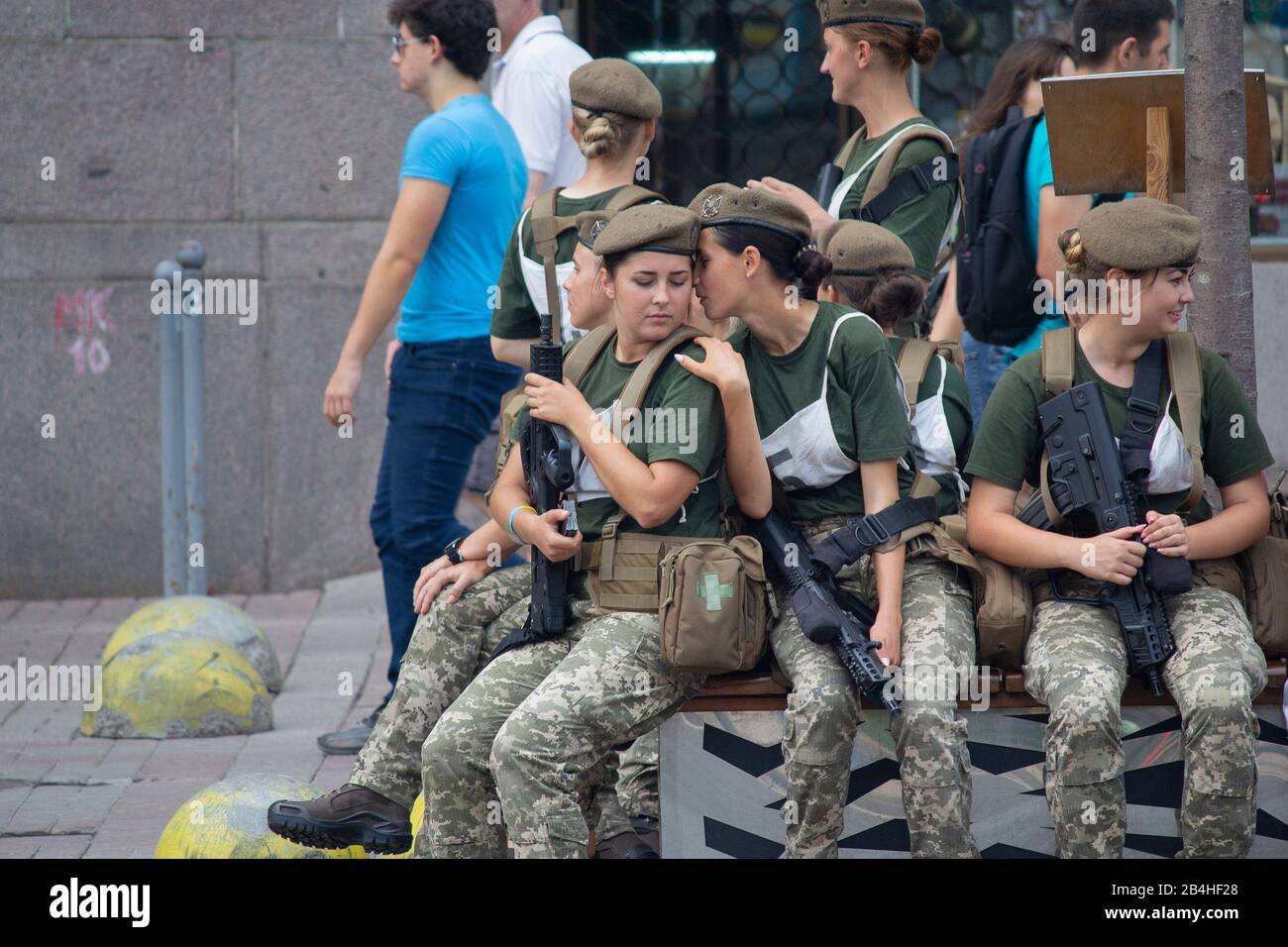 Kiev, Ukraine - Avgust 18, 2018: Female soldiers of women 's battalion await rehearsal of military parade dedicated to Independence Day of Ukraine on Stock Photo