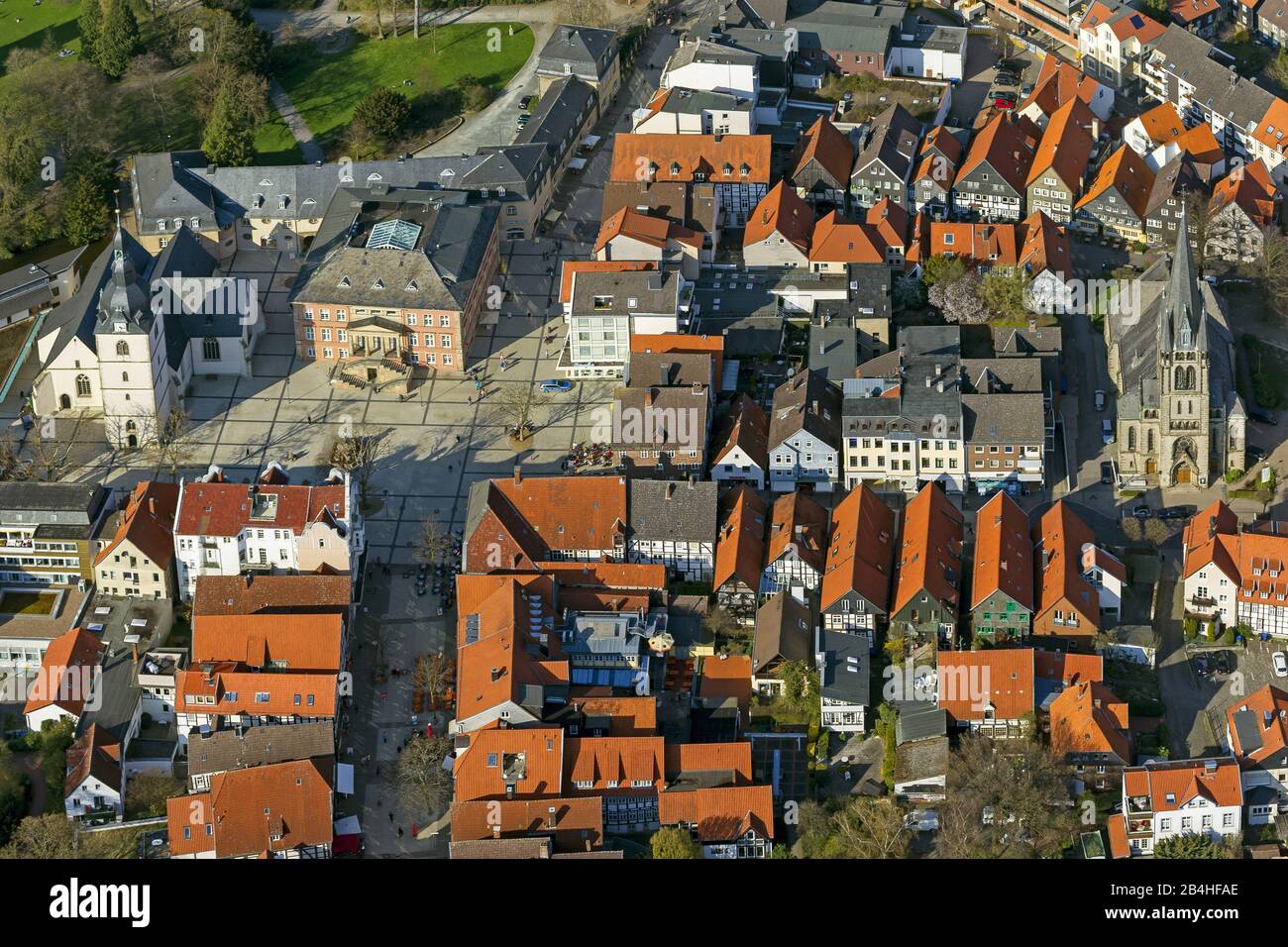 , city centre of Detmold with church Erloeserkirche and townhall at Marktplatz, Martin-Luther-Kirche, 22.04.2013, aerial view, Germany, North Rhine-Westphalia, Detmold Stock Photo