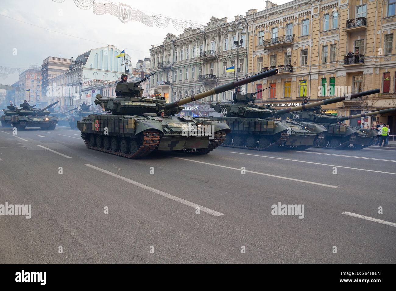 Kiev, Ukraine - August 19, 2018: Tanks of the Ukrainian army on a rehearsal of the military parade held for anniversary of independence Stock Photo
