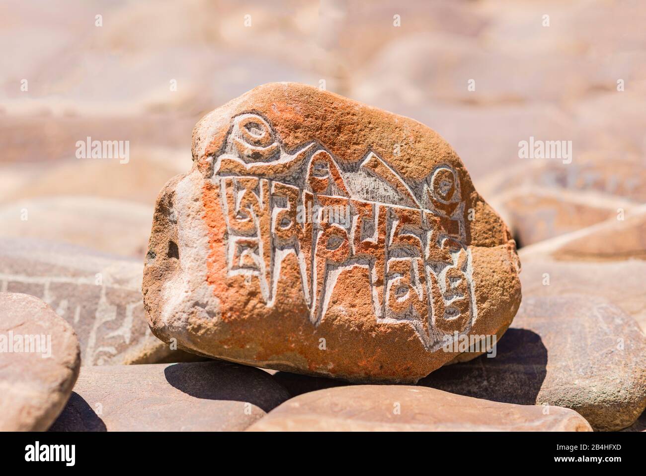 Mani stones engraved with the Tibetan mantra Om Mani Padme Hum, Ladakh, jammu and Kashmir, India, Asia Stock Photo