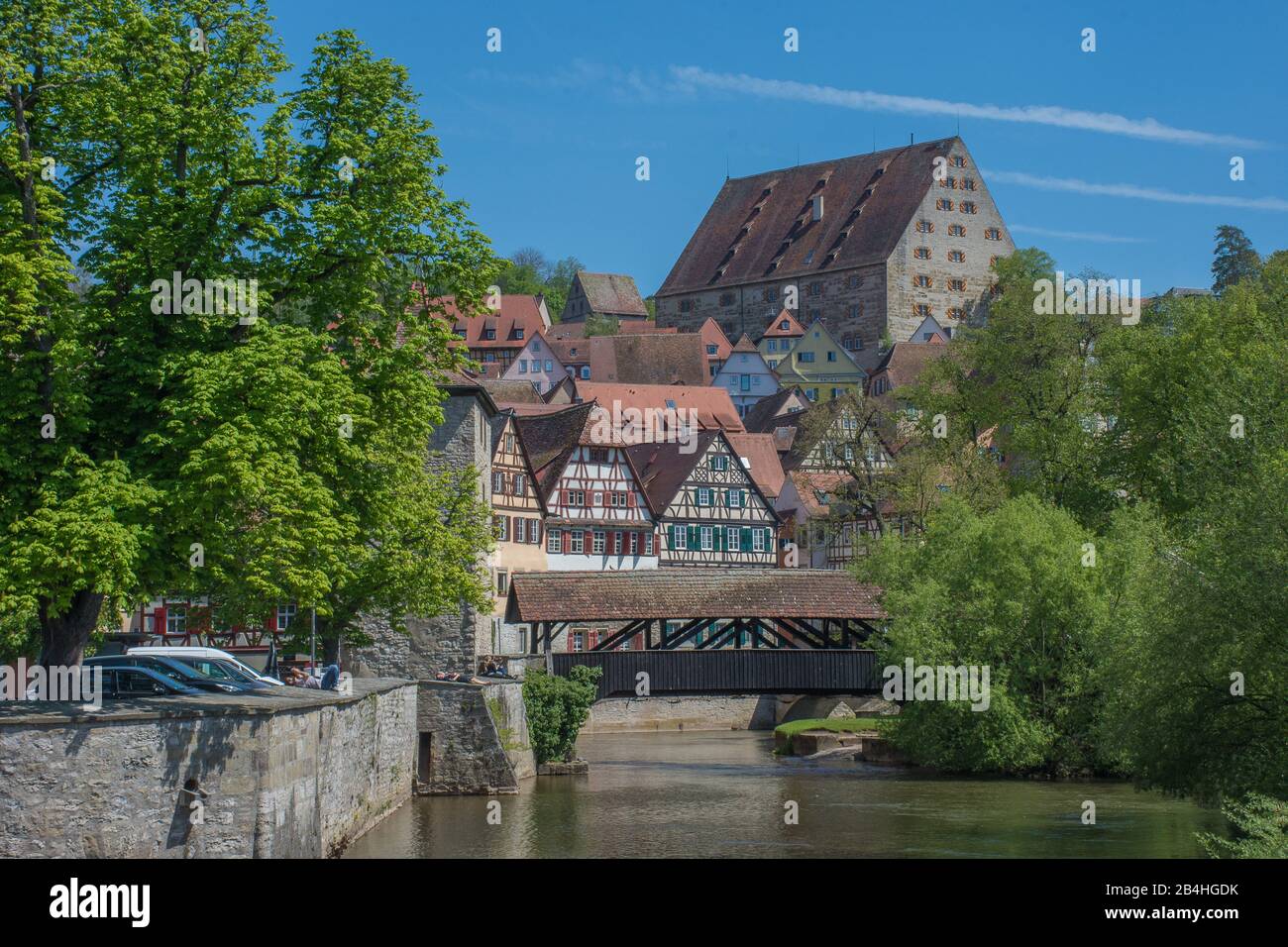 city Schwaebisch Hall at river Kocher, Germany, Baden-Wuerttemberg, Schwaebisch Hall Stock Photo