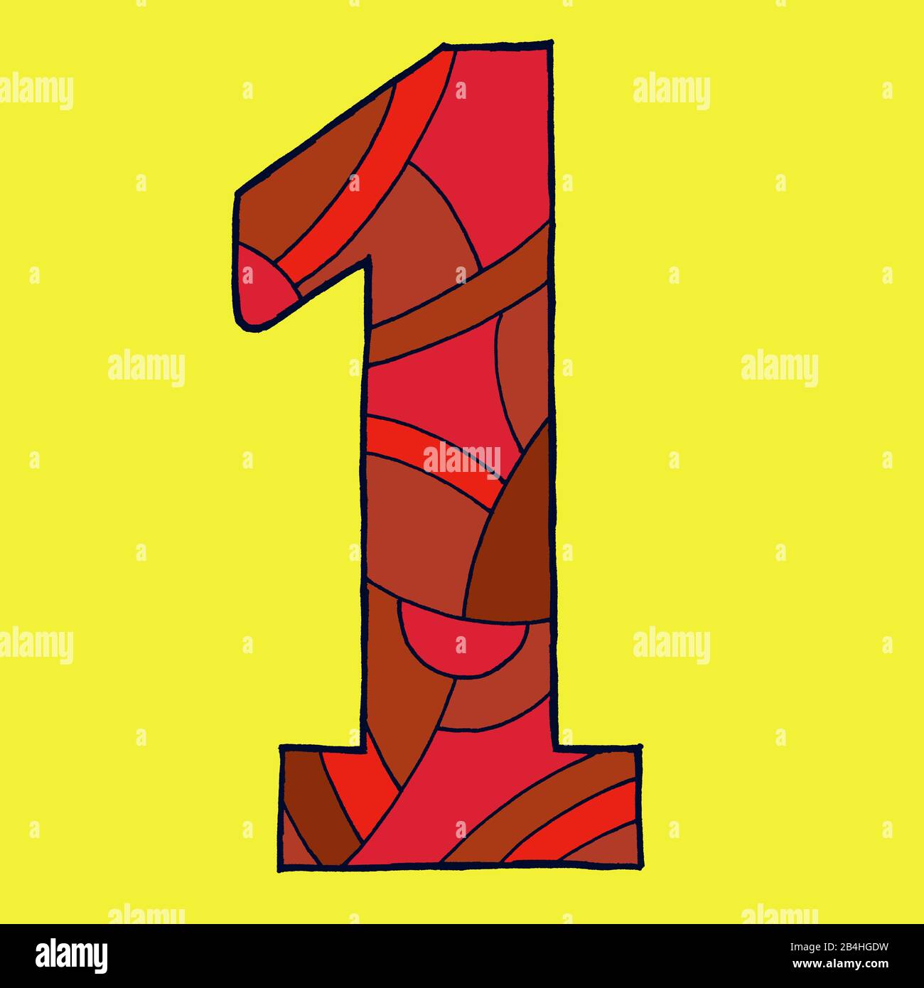 Ziffer Eins, gezeichnet als Vektorillustration, in roten Farbtönen auf gelbem Hintergrund in Pop-Art-Stilistik Stock Photo
