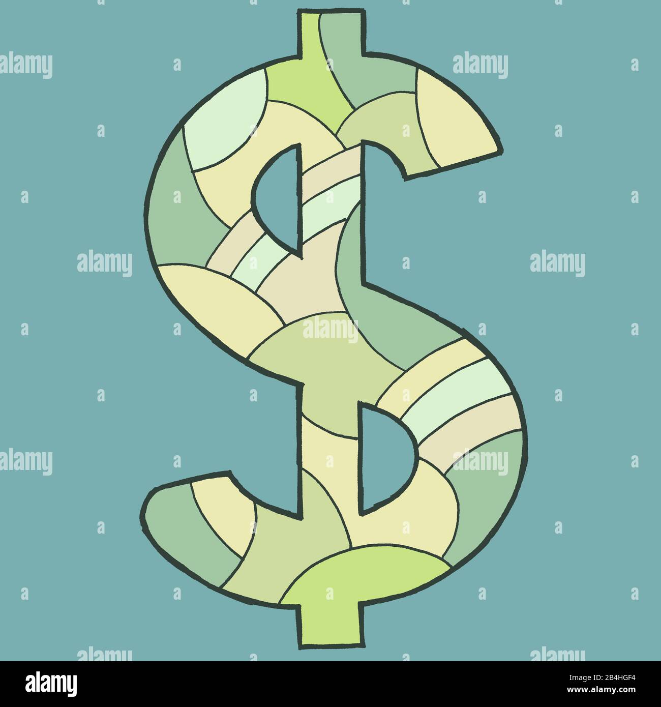Dollarzeichen, gezeichnet als Vektorillustration, in grünlichen Farbtönen auf bläulich-grauem Hintergrund in Pop-Art-Stilistik Stock Photo