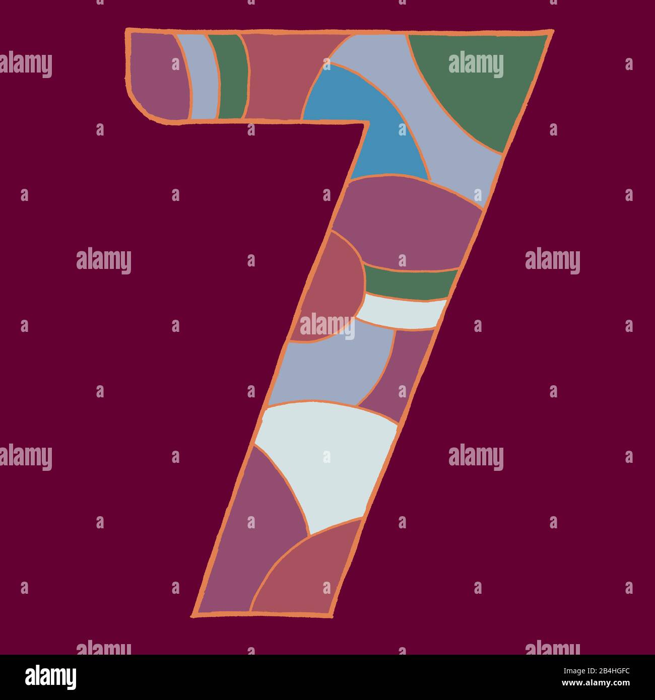 Digit seven, drawn as a vector illustration, in colorful shades on a burgundy background in pop art style Stock Photo