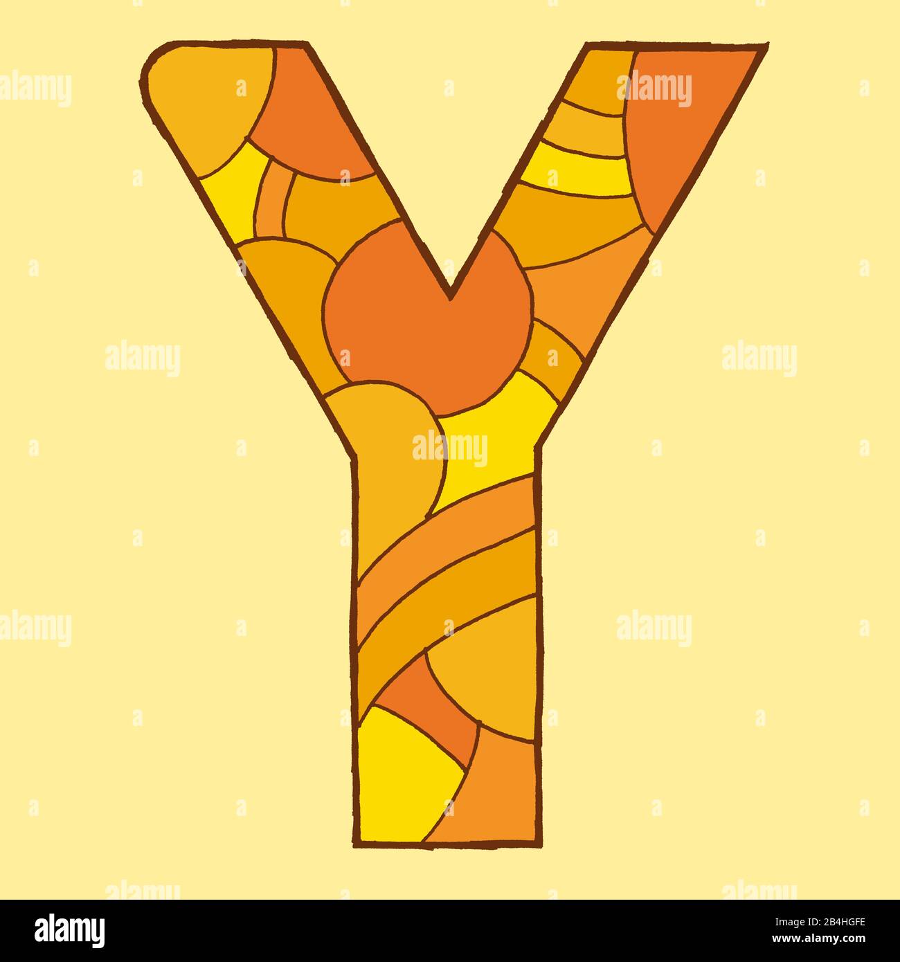 Letter Y, drawn as a vector illustration, in orange shades on a pale yellow background in pop art style Stock Photo