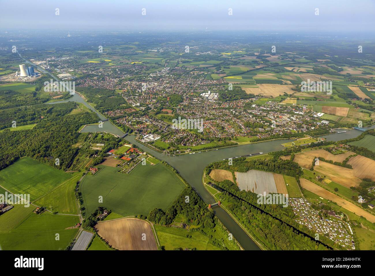 city of Datteln with power plant, 28.05.2013, aerial view, Germany, North Rhine-Westphalia, Ruhr Area, Datteln Stock Photo