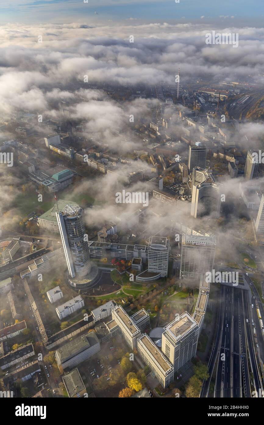 , city centre of Essen with RWE Tower, Aalto theatre and town hall, aerial view, Germany, North Rhine-Westphalia, Ruhr Area, Essen Stock Photo