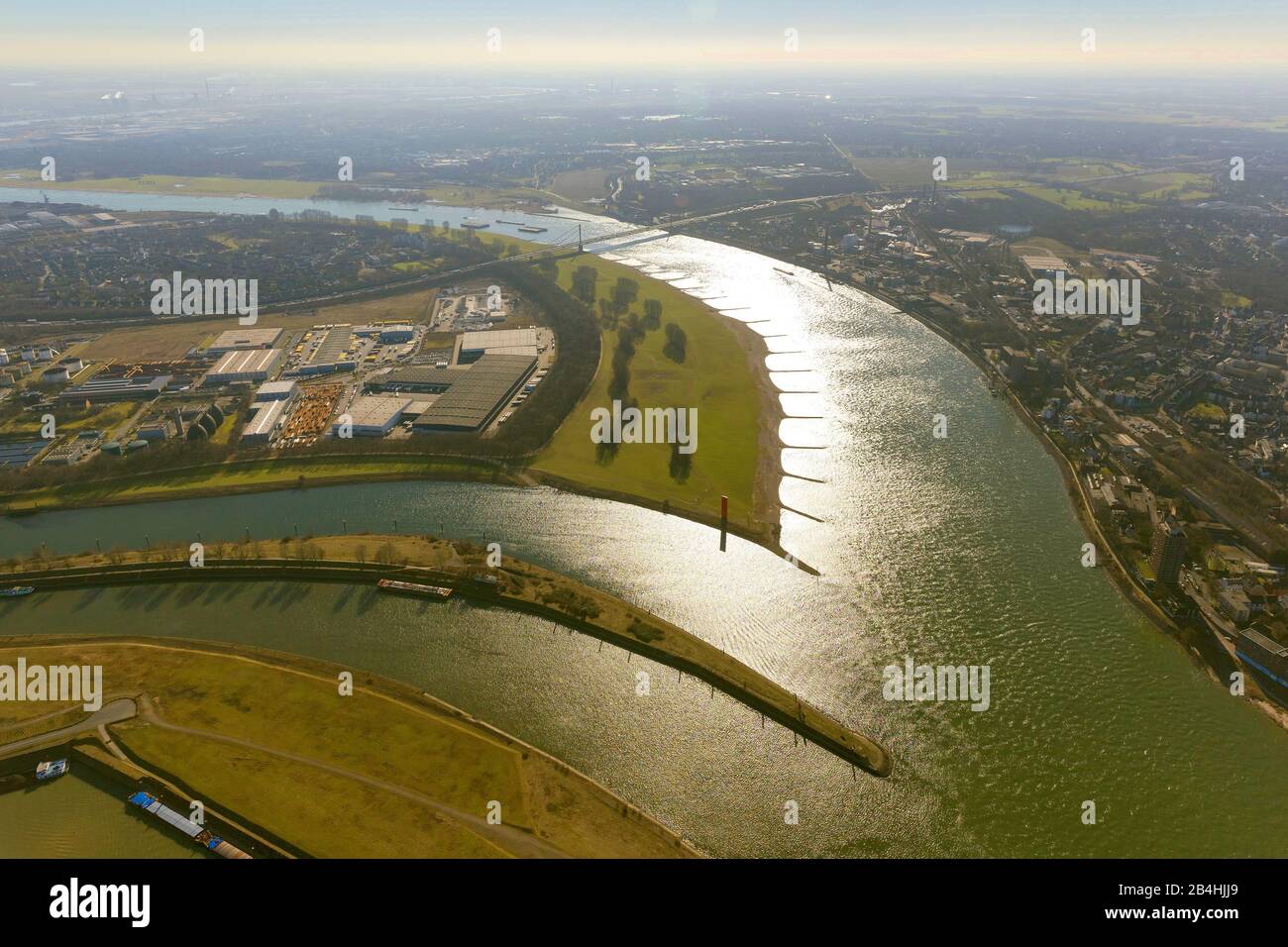 , mouth of river Ruhr into river Rhine in Duisburg, 04.03.2013, aerial view, Germany, North Rhine-Westphalia, Ruhr Area, Duisburg Stock Photo