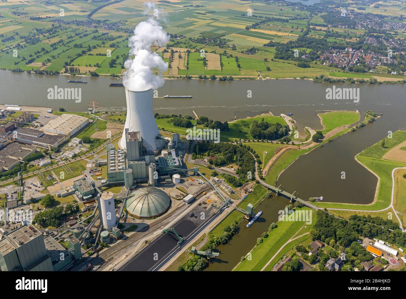 , coal-fired power station Duisburg-Walsum at river Rhine, 08.07.2013, aerial view, Germany, North Rhine-Westphalia, Ruhr Area, Duisburg Stock Photo