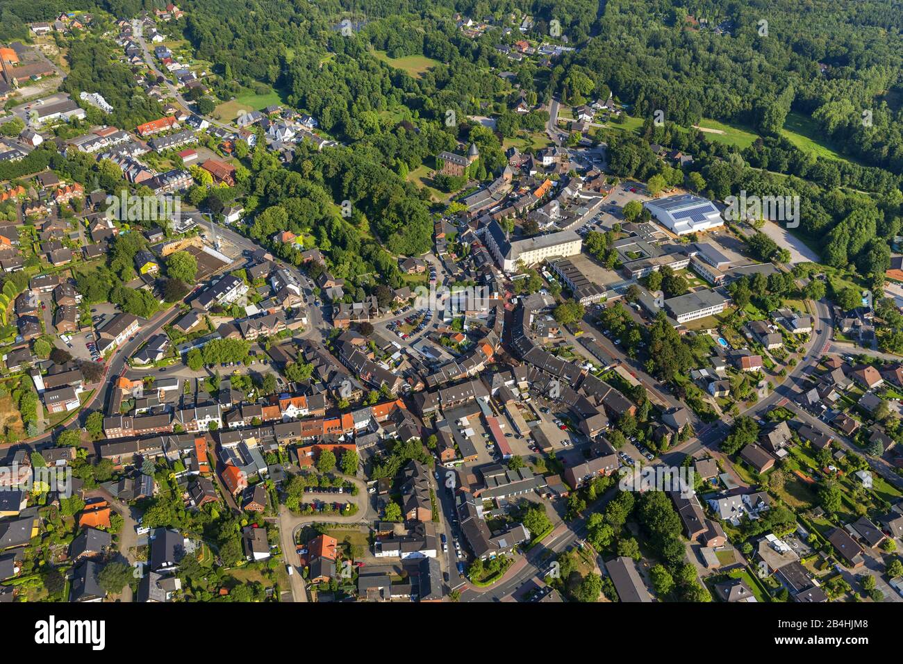 , city centre of Brueggen at Niederrhein with castle, 16.08.2013, aerial view, Germany, North Rhine-Westphalia, Lower Rhine, Brueggen Stock Photo