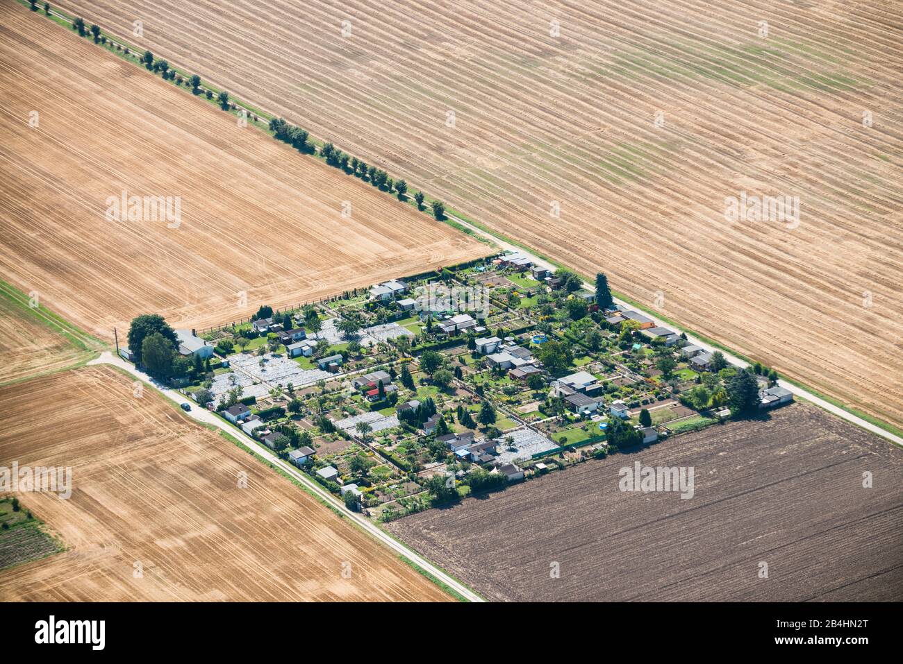 Luftaufnahme von einer Schrebergarten-Anlage umgeben von Landwirtschaftsflächen Stock Photo