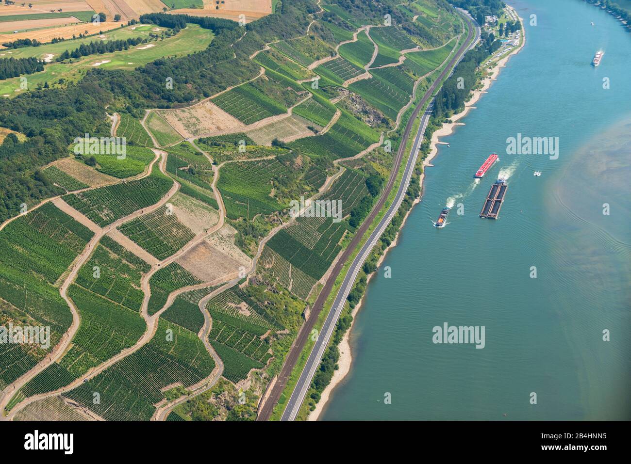 Luftaufnahme des Rheins mit Schiffahrt und Weinbergen Stock Photo