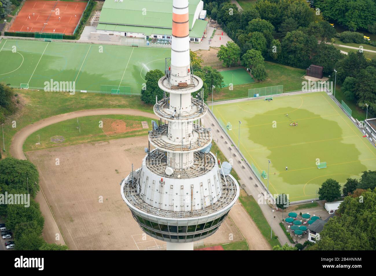 Aerial view of the telecommunications tower in Mannheim, with the sports fields of the TSV Mannheim Stock Photo