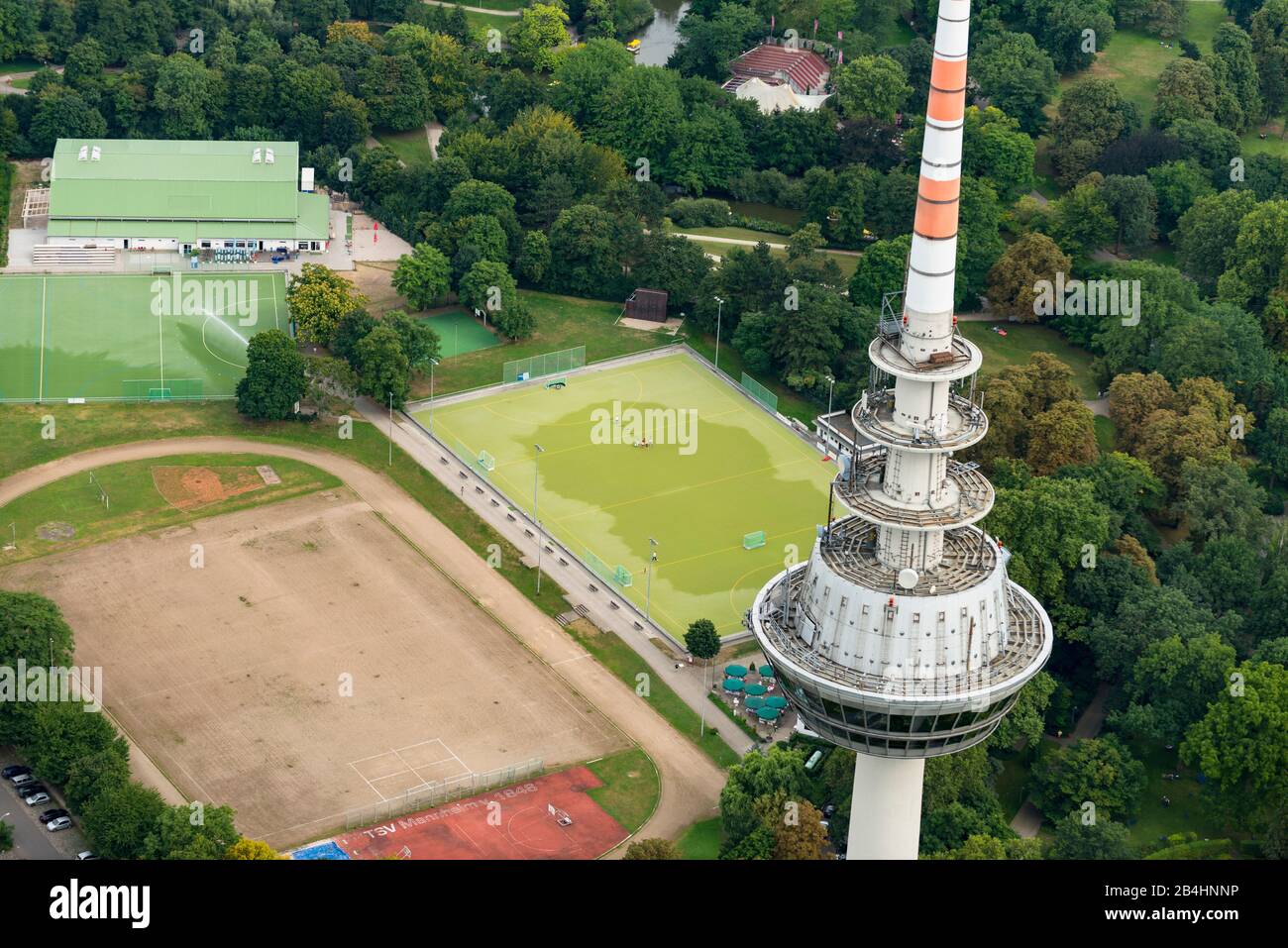 Aerial view of the telecommunications tower in Mannheim, with the sports fields of the TSV Mannheim Stock Photo