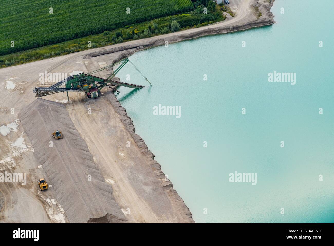 Aerial view of a quarry lake, mining and quarrying of quartz sand Stock