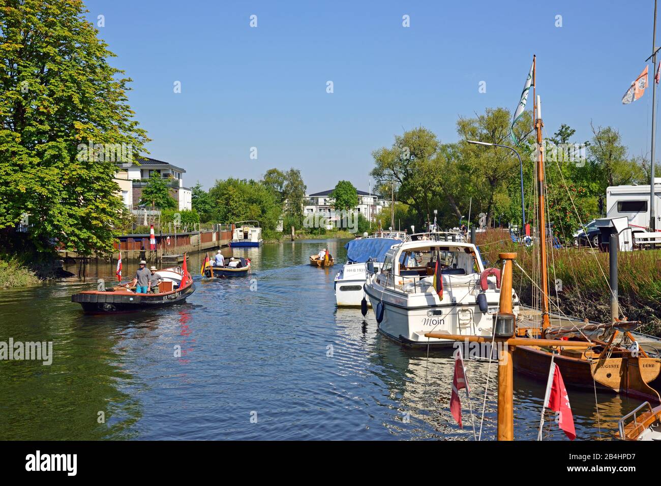 Europe, Germany, Lower Saxony, Buxtehude, Hamburg metropolitan area, Este, harbor, living on the water, Stock Photo