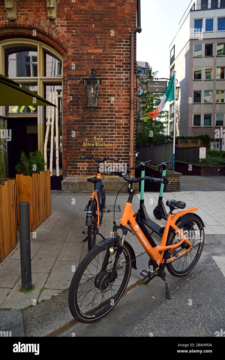 Europe, Germany, Hamburg, City, Old Town, Nikolaiviertel, Bicycles, E Scooter, Stock Photo