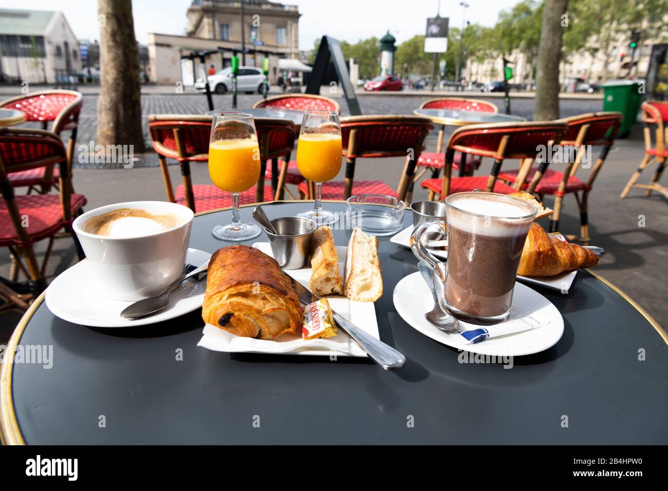 delicious breakfast on a bistro table in the cafe of the officer in the