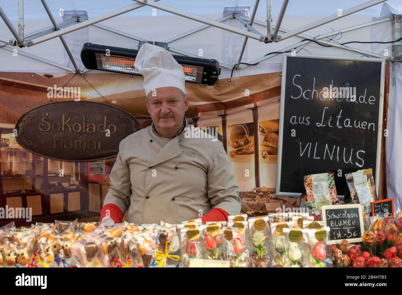 Germany, Saxony-Anhalt, Wernigerode, chocolate manufacturer from Vilnus, Lithuania, guests at the Chocolate Festival Wernigerode, Harz. Stock Photo