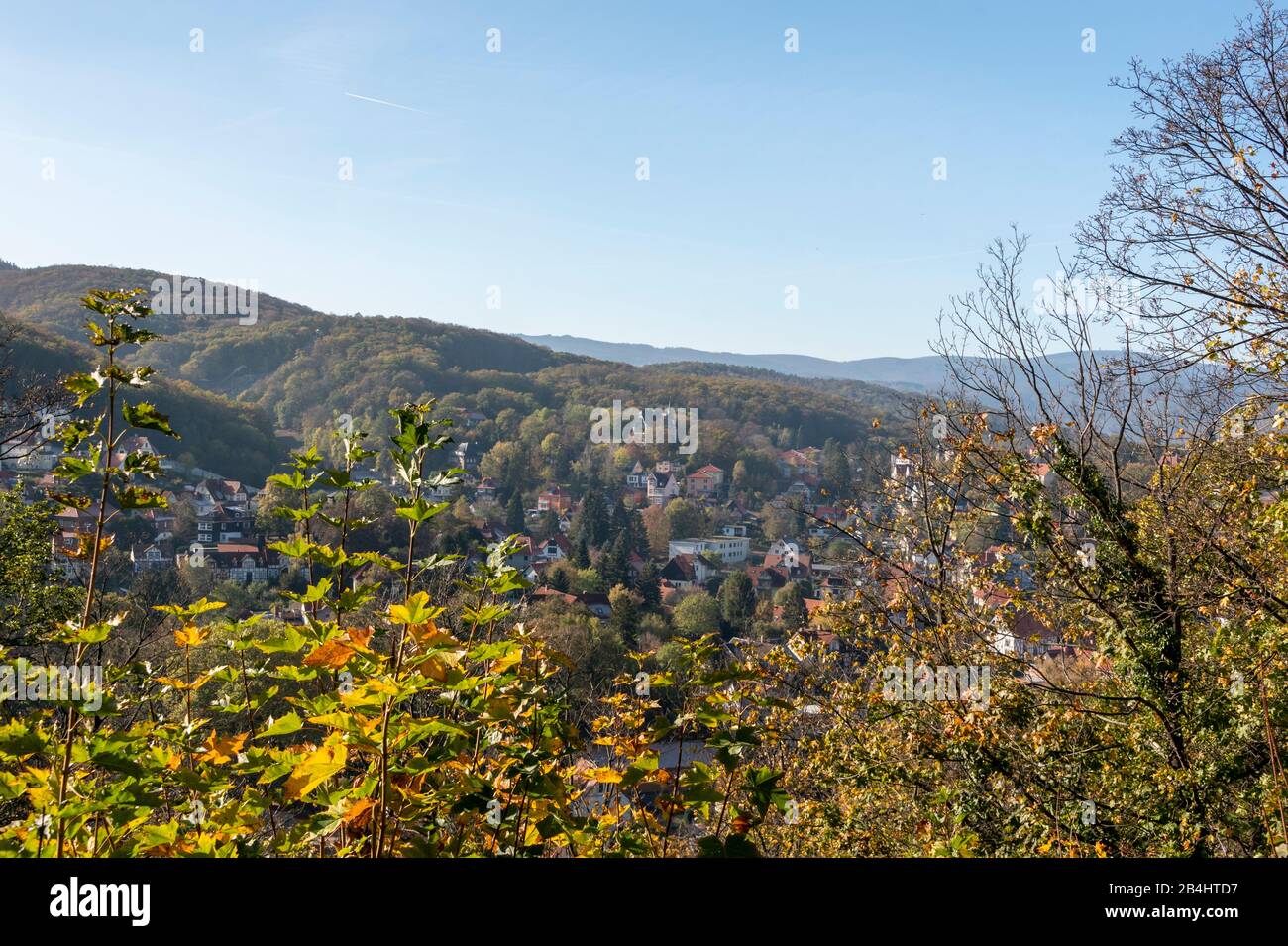 Deutschland, Sachsen-Anhalt, Wernigerode, Blick auf Wernigerode, Herbstlaub, Harz. Stock Photo