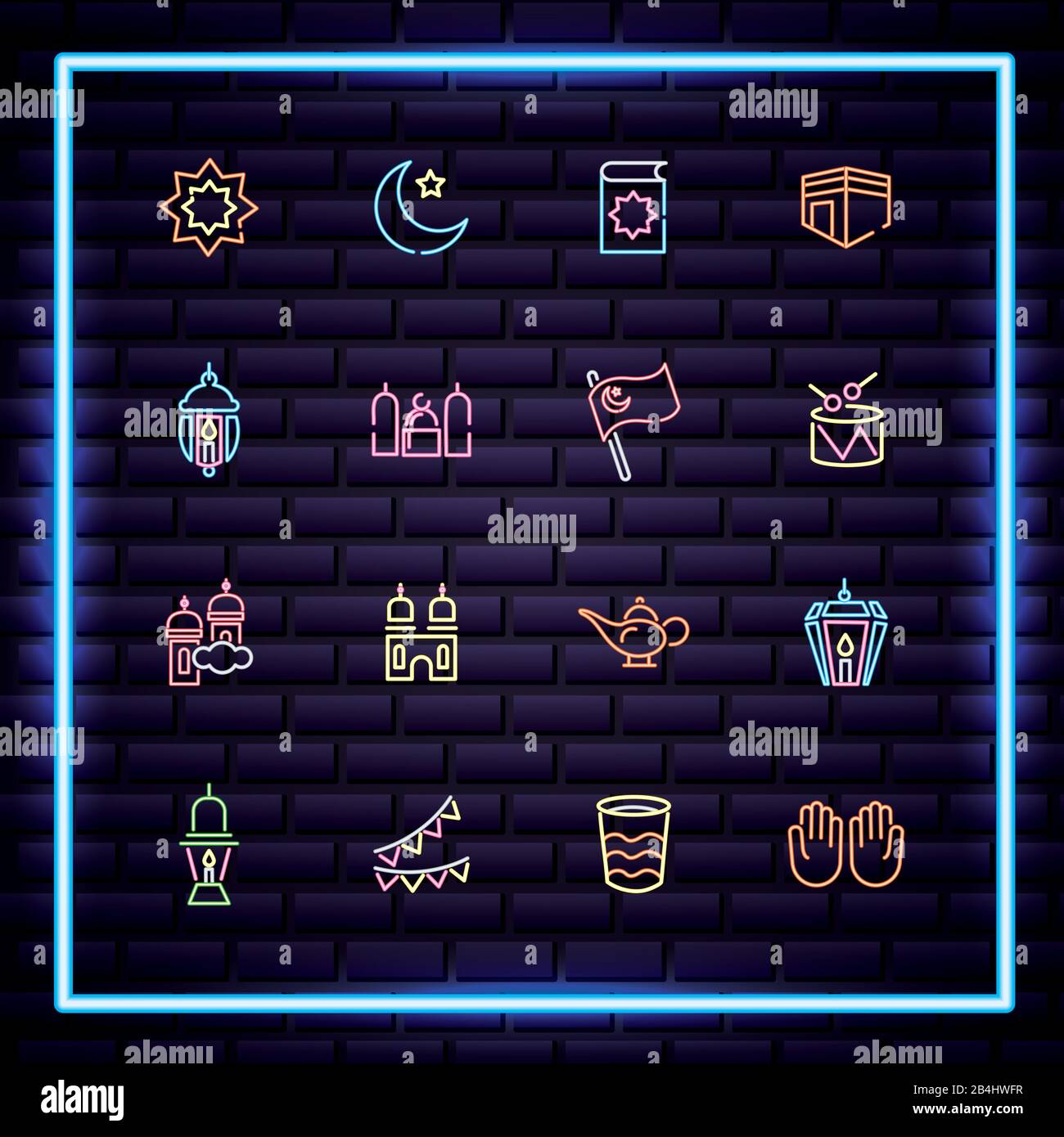 ramadam kareem set neon light style icons with purple color Stock Vector