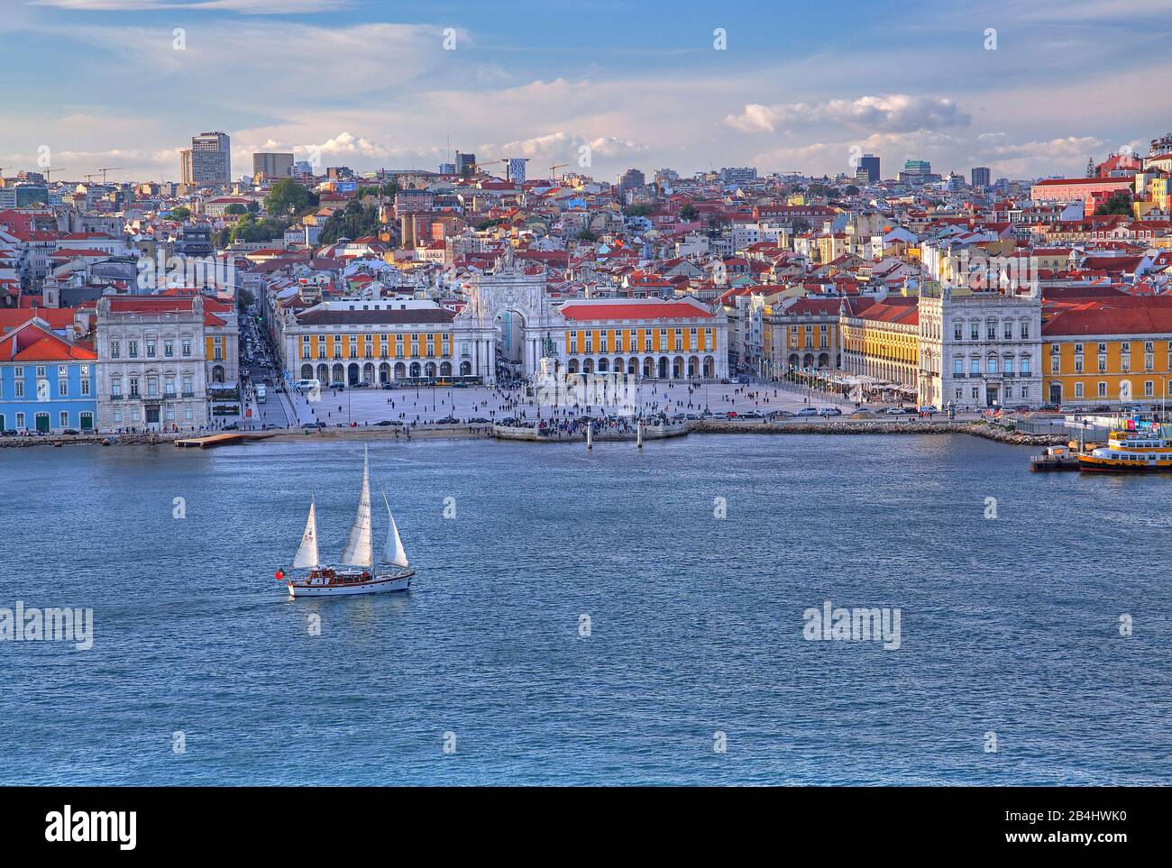 Waterfront of the city on the Tejo with the Praca do Comercio square in the center, Lisbon, Portugal Stock Photo