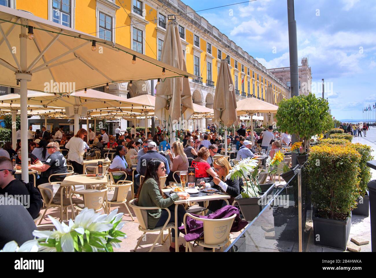 Street cafe at the Praca do Comercio, Lisbon, Portugal Stock Photo