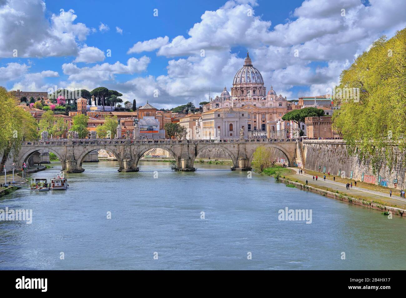 Tiber with Angel bridge Gianicolo Hill and St. Peter's Basilica, Rome, Lazio, Italy Stock Photo