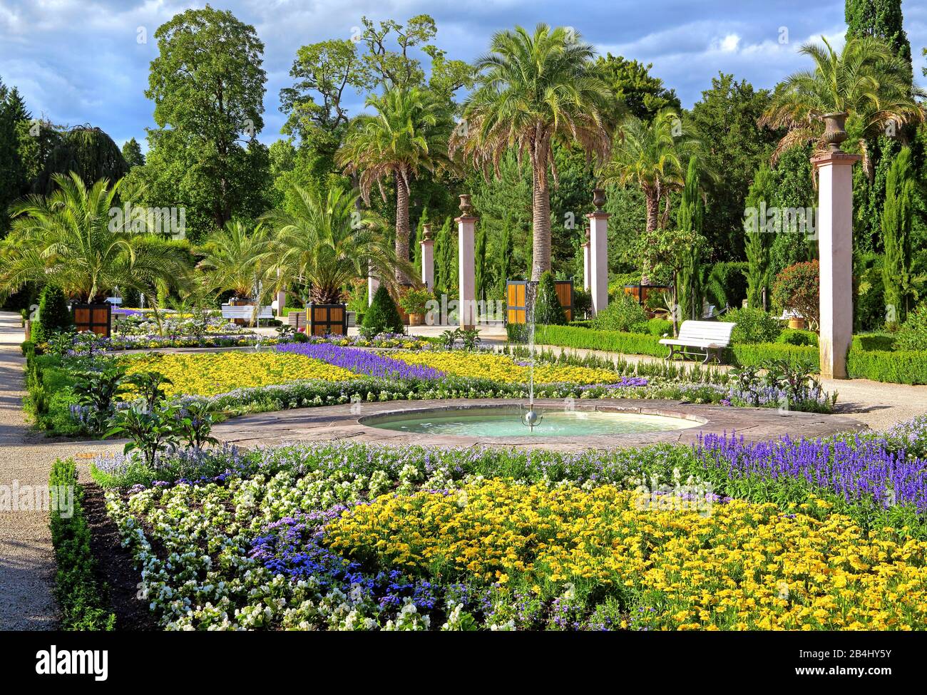 Palm garden with fountains and flower borders in the spa park Bad Pyrmont, Staatsbad Emmertal, Weserbergland, Lower Saxony, Germany Stock Photo