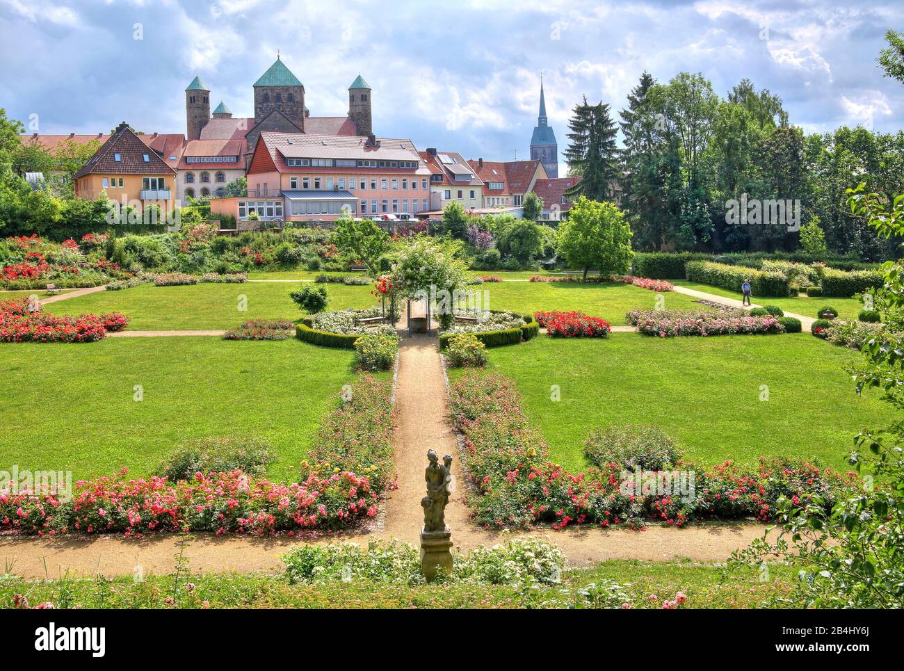 Magdalenengarten with the towers of the churches St. Michael and St. Andreas, Hildesheim, Lower Saxony, Germany Stock Photo