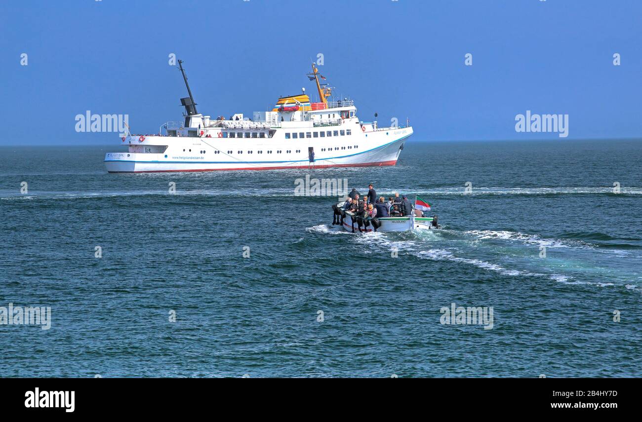 Seaside Ship Funny Girl on the Shore with Boating Boat, Heligoland, Heligoland Bay, German Bight, North Sea Island, North Sea, Schleswig-Holstein, Germany Stock Photo