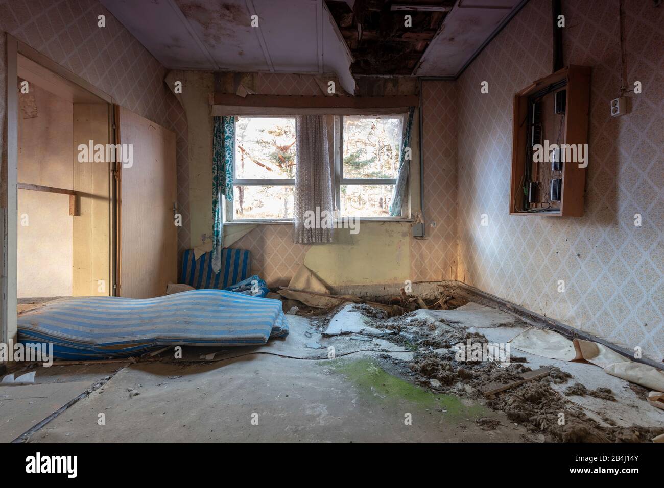 Germany, Saxony-Anahlt, Prerow, old mattress, floral wallpaper, barracks, former training camp of the GDR, Society for Sports and Technology in Prerow. Paramilitary training. Stock Photo