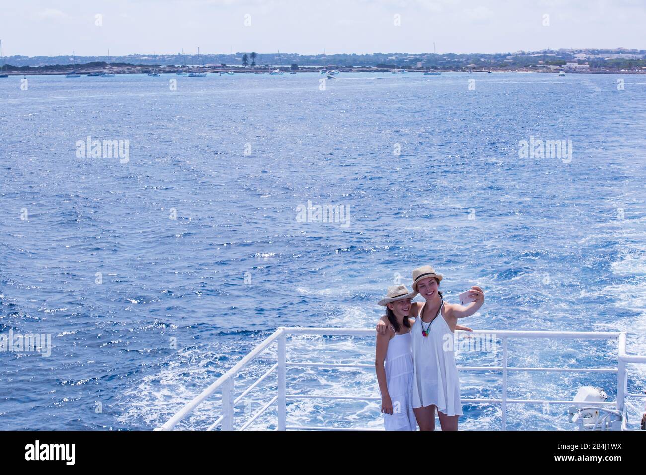 Sea, selfie, sisters, ferry Stock Photo