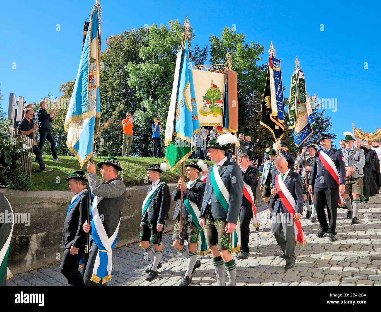 Germany, Bavaria, Andechs, Three Hosts Fest, procession, flag bearer Stock Photo