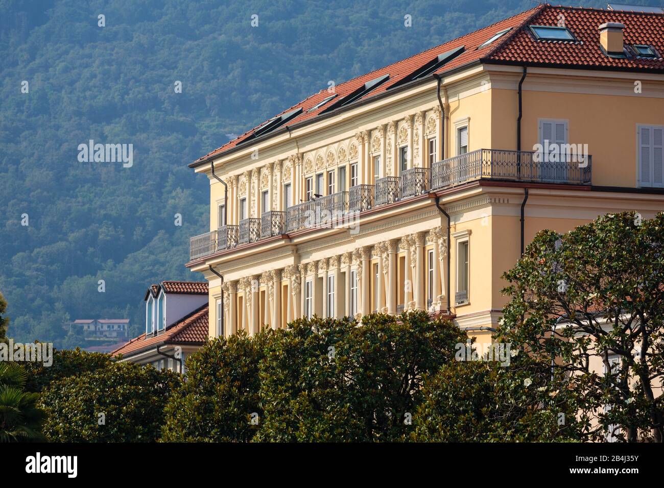 Europe, Italy, Piedmont, Verbania. The building frontage of the Europalace Hotel on the promenade of Pallanza. Stock Photo